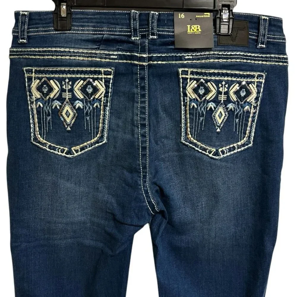 Lucky & Blessed Embroidered Dark Wash Mid Rise Bootcut Jeans NWT - Picture 8 of 12